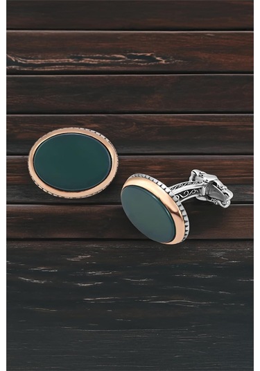 Gümüş Yeşil Akik Taşlı Oval Kol  Düğmesi