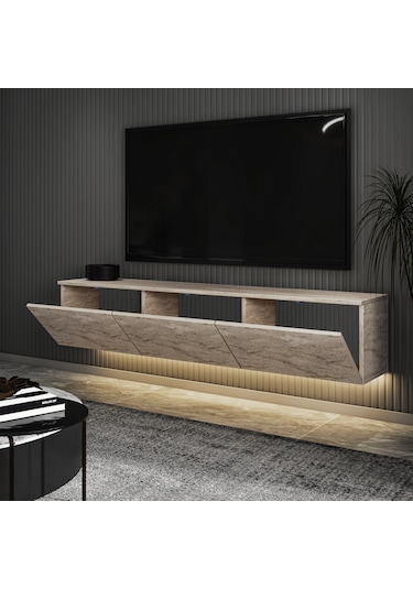 Neon Led Işıklı Duvara Monte,3 Kapaklı Tv Ünitesi,tv Sehpası Sandık Ceviz - Bej Bej