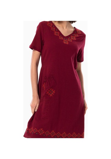 Kolsuz Şile Bezi Kruvaze Yaka Nakışlı Tülin Midi Boy Yazlık Otantik Elbise Bordo Brd-bordo