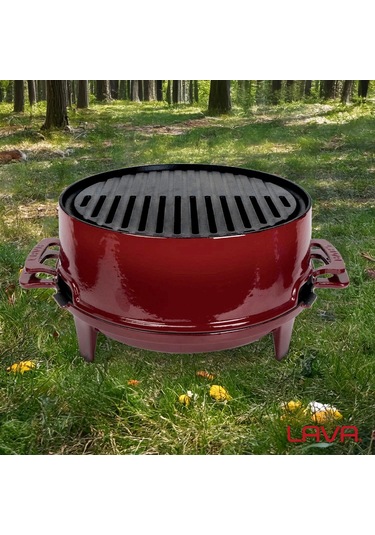 Lava Döküm Yuvarlak Mangal Izgara Set Döküm Demir Yekpare Çift Kulplu Çap Ø 36cm. Bordo