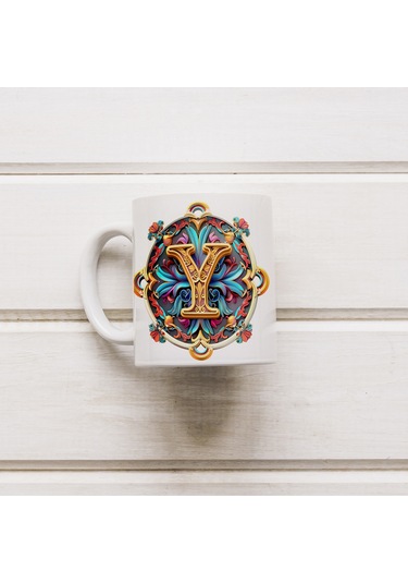 Y Harfi Boho Bardak, Renkli Özel Tasarım Hediyelik Harfli Kupa, 330ml Porselen Beyaz
