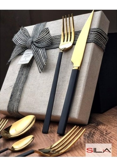 Sıla 36 Parça Elit Siyah Gold Titanyum Kutulu Çatal Kaşık Bıçak Seti Siyah