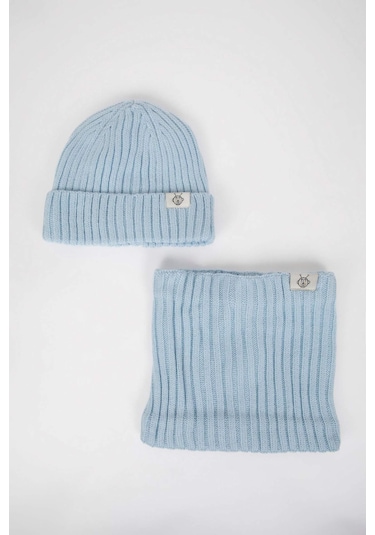Defacto Erkek Bebek 2li Takım Etiket Baskılı İçi Polar Astarlı Boyunluk Bere C8488a524wnbe343 Mavi