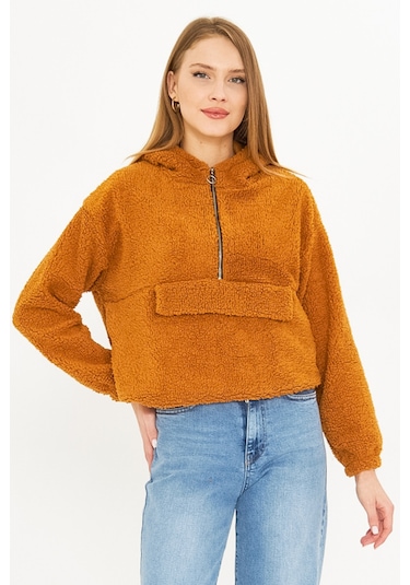 Armonika Kadın Camel Kapüşonlu Cep Kapaklı Peluş Sweatshirt Arm-25k001090