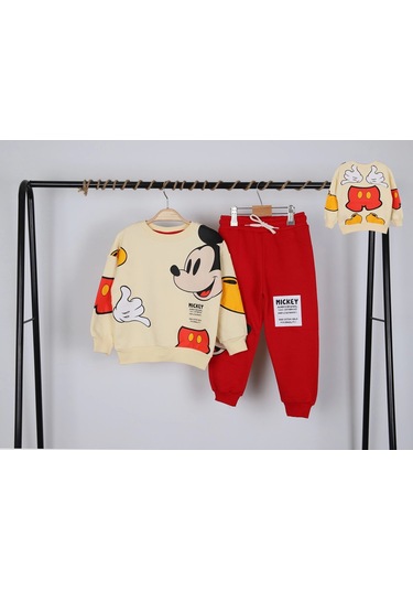 Unisex Çocuk Mickey Mouse Baskılı 3 İplik Şardonsuz Kışlık Sweat Ve Eşofman Alt Üst Takım Bej