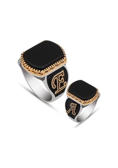 Yüzük Sanatı Oniks Taşlı Harfli 925 Gümüş Erkek Yüzük