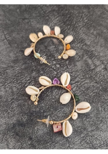 Hdmarketim Otantik Doğal Taş Deniz Kabuklu Vintage Küpe Çok Renkli