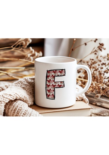 F Harfi Aşk Temalı Kupa - Kalp Desenli Kişiye Özel Romantik Sevgililer Günü Kahve Kupası Beyaz