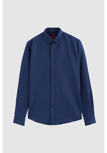 Ds Damat Slim Fit İndigo Oxford Düğmeli Yaka Kolay Ütülenebilir Nakış Detaylı Pamuklu Gömlek 4HC02ORT03265 İndigo