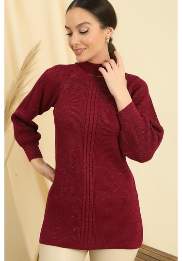 Boyun Dekolteli Saç Örgülü Desen Büyük Beden Spor Tunik Kazak-35200 - Mürdüm