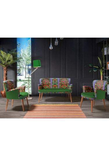 Azra Mobilya - Roma Çay Seti Koltuk Takımı - Etnik Desen Kumaş - Ahşap Demonte Ayak Etnik Desen - Yeşil