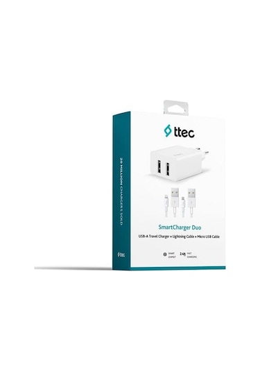 Ttec 2scs21db Smartcharger Duo 2.4a Seyahat Şarj Aleti Çift Usb + Lightning Ve Micro Usb Kablo