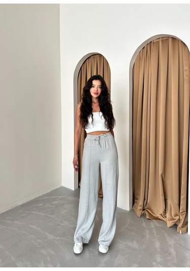 Gri %100 Keten Palazzo Pantolon Gri