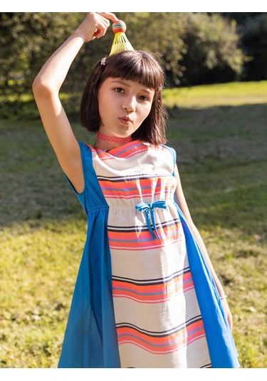 Sheshe Renkli Çizgili Beli Kuşaklı Kız Çocuk Elbise Renkli