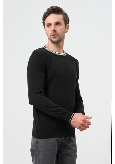 Siyah Uzun Kol Düz Örme Bisiklet Yaka Classic Slim Fit Triko 1012245108 Siyah