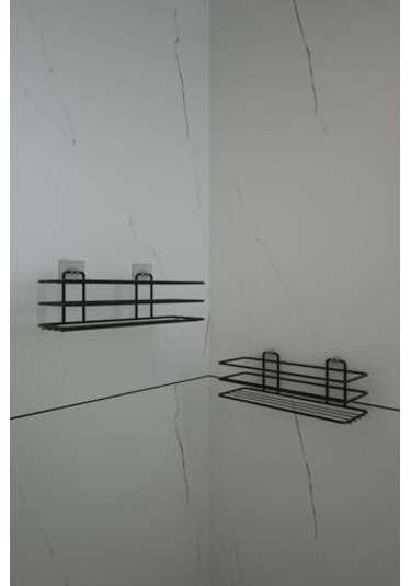 Banyo Yapışkanlı Siyah 2 Adet Tek Katlı Düz Şampuanlık Tş01, Delmeye Son, Matkap Vida Yok Siyah