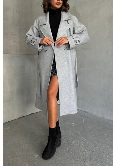 Neşeli Butik Kadın Astarlı Gri Melanj İthal Kaşe Kaban Nbg048 Gri Melanj