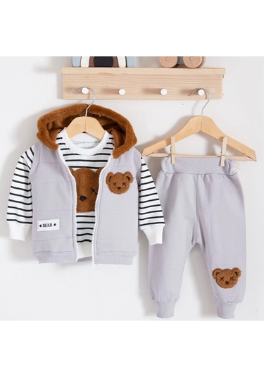 3-18 Ay Erkek Bebek Takımı Peluş Ayıcık Kapişon 3'lü Gri