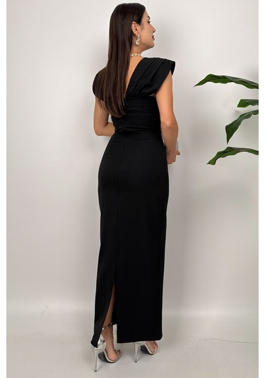 Valentia Madonna Yaka Taş İşlemeli Kalem Siyah Abiye Elbise, Zarif Davet Elbisesi Siyah