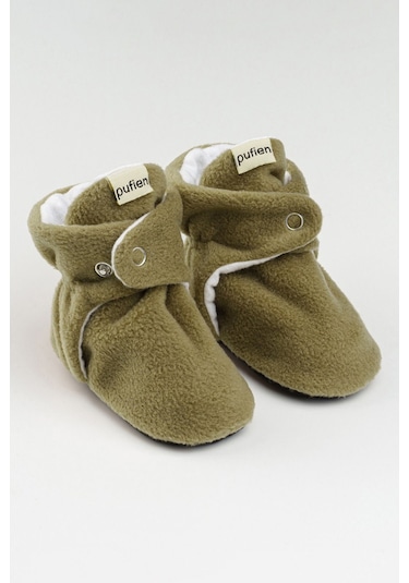 Organik Pamuk Astarlı, Bebek İlk Adım Ayakkabısı, Kaydırmaz Taban, Bebek Pandufu, Bebek Patik Haki Haki