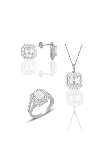 Gümüş Rodyumlu Özel Tasarım Baget Kesim Zirkon Taşlı Üçlü Set