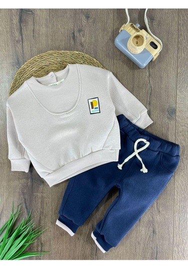 3 İplik İçi Şardonlu Armalı Kışlık Erkek Bebek Takım Kese Kağıdı Beyaz - Lacivert