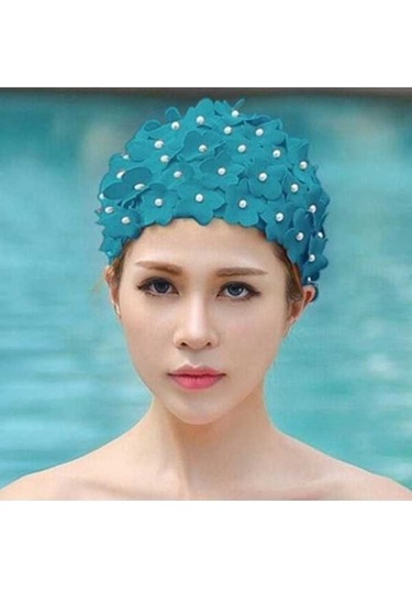 Dm Kadınlar İçin El Yapımı İnci Üçlü Çiçekli Yüzme Bonesi - Göl Mavisi Mavi