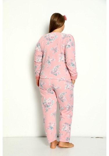 Nisanca Büyük Beden Peluş Polar Pijama Takımı- Saç Bandı Hediyeli Pembe