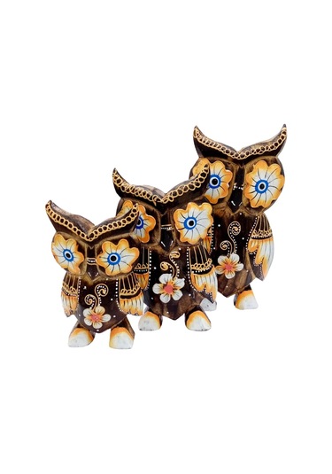 Ahşap Aborjin Üçlü Baykuş Dekoratif Biblo No.1 17 Cm