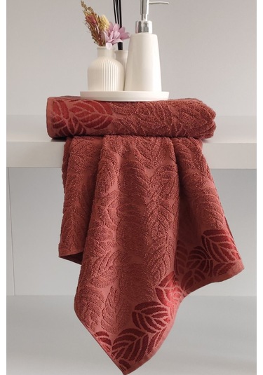 2'li Jakarlı Yaprak Desenli %100 Pamuk El Yüz Havlusu-50x90cm Terra Terra