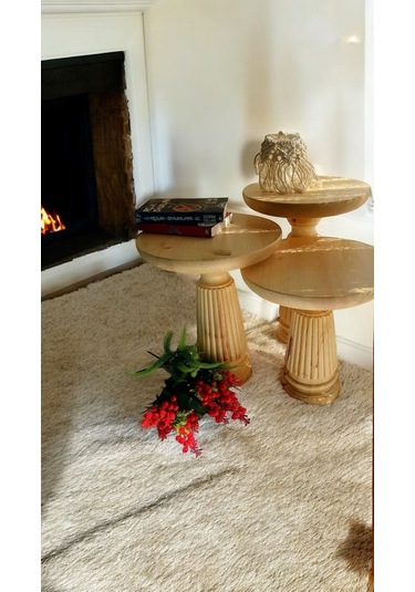 Wood Wooden 3 Lü Set Mantar Yan Sehpa Modern Naturel Renk Fiskos