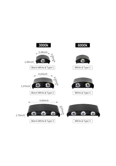 Konesam 6'lı Led Dış Mekan Duvar Lambası Ip65 Su Geçirmez 3000k Islak Beyaz Yukarı-aşağı Aydınlatma Sıcak Beyaz