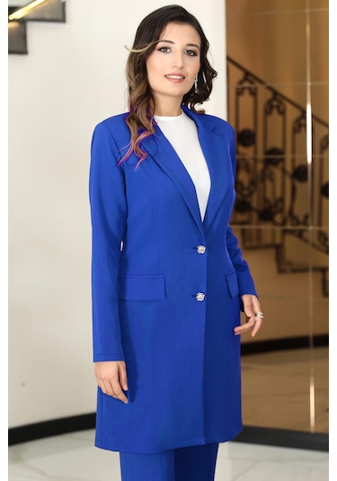 Parla Uzun Ceket Pantolon İkili Tesettür Takım Saks Saks