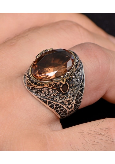 Prestij Gümüş  Zultanit Taşlı Zirkon Taş Süslemeli 925 Ayar Gümüş Erkek Yüzüğü