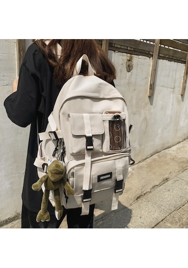 White Çoklu Cep Sırt Çantası Erkekler Kanvas Ekleme Toka Beyaz