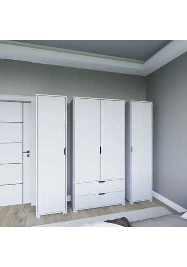 Duru Mat Beyaz 4 Kapılı 2 Çekmeceli Elbise Dolabı - Gardırop Seti Beyaz