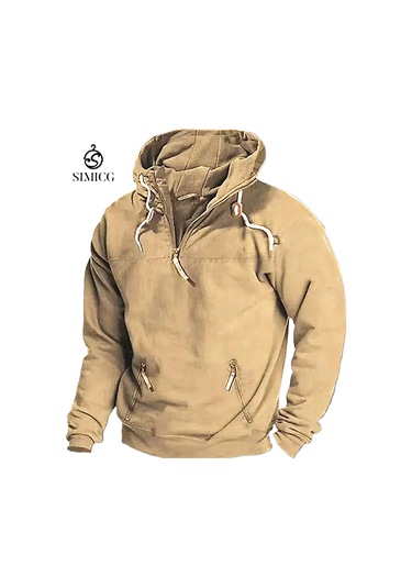 Sonbahar Ve Kış İçin Erkek Düz Renk Kapüşonlu Günlük Sweatshirt Haki