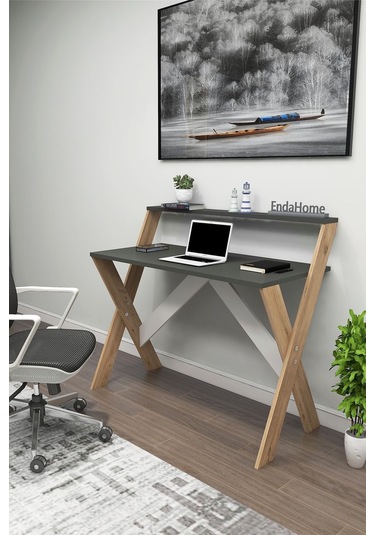 Enda Home X Ayaklı Raflı Ders Çalışma Masası 50x90 Cm Antrasit - Çam Atlantik Çam - Antrasit