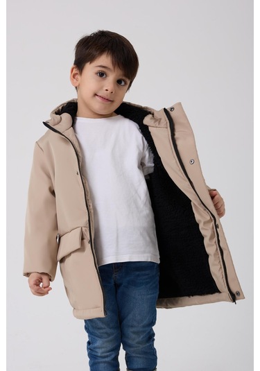Erkek Çocuk Kürklü Su Ve Rüzgar Geçirmez Kapüşonlu 3 Kışlık Mont & Kaban & Parka Taş