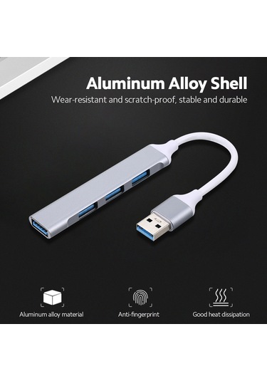 Xindoker Alüminyum 4-port Usb Hub - Type-c'den 1 Usb 3.0 + 3 Usb 2.0'a Çevirici, Veri Transferi Ve Cihaz Genişletici, Gümüş