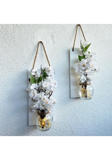 Led Işıklı, Lüx Beyaz Bahardalı Çiçekli Duvar Dekoru Beyaz İkili Set Beyaz