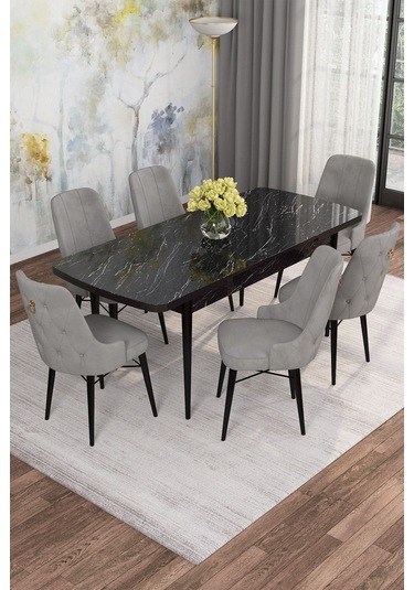 Mona Siyah Mermer Desen 80x132 Açılabilir Mdf Masa Yemek Odası Takımı, Mutfak Takımı 6 Adet Sandalye Siyah Mermer - 6 Gri - Siyah Ayak Mona Siyah Mermer Desen 80x132 Açılabilir Mdf Masa Yemek Odası Takımı, Mutfak Takımı 6 Adet Sandalye Siyah Mermer - 6 Gri - Siyah Ayak