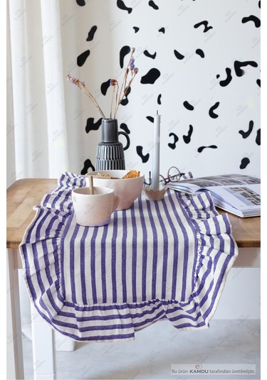 Mavi Çizgili 40x125 Cm Vintage Fırfırlı %100 Keten Pamuklu Amerikan Runner Bej