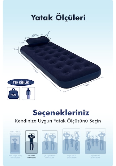 Livenzi Tek Kişilik Şişme Yatak Yastık + Manuel Şişirme Pompası 191 76 22 Cm Lacivert