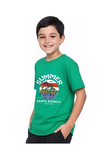 Summer Baskılı Erkek Çocuk Yuvarlak Yaka Kısa Kollu T-shirt Yeşil