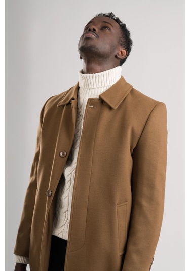 Yakalı Klasik Kesim Düğmeli Uzun Kaşe Erkek Kaban Taba