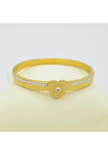 Yıldız Motifli Taşlı Kalp Çelik Kelepçe Gold