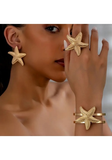 Deniz Yıldızı Charm Bileklik Ve Küpe Yüzük Seti Altın Kaplama