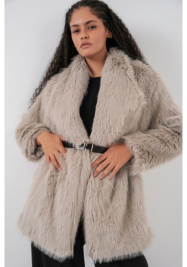 Kadın Kemerli Oversize Kürklü Kaban 9156 - Taş Taş