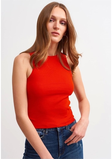 Mea Capio Kadın Kırmızı Fitilli T-shirt Halter Yaka Örme Atlet Kirmizi